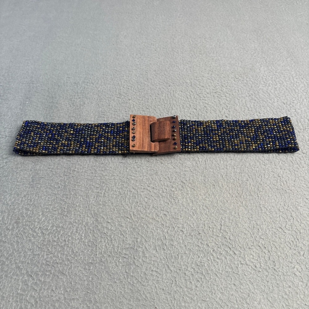 Handmade Indonesian Beaded Belt Navy Blue Gold Wood Buckle Boho Wide 29.5in